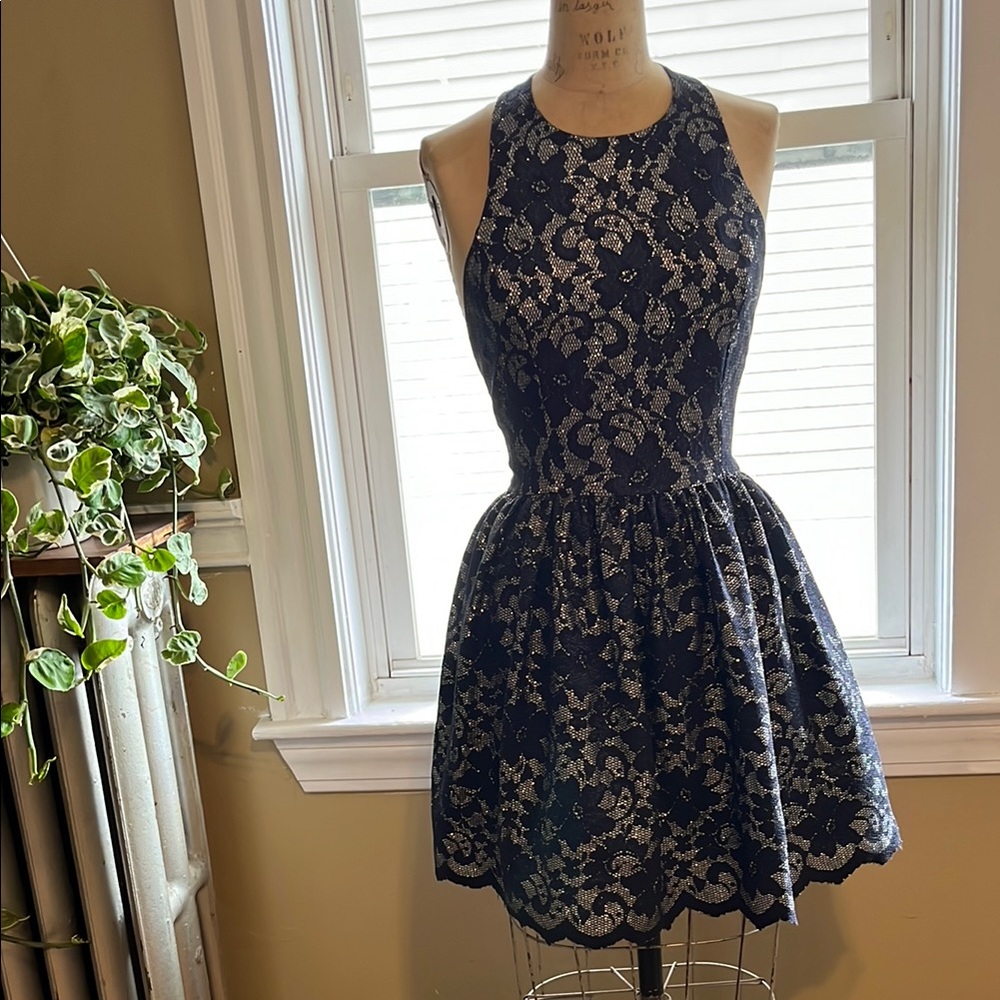 Design Lab Lord & Taylor Blue & silver Halter Mini Dress